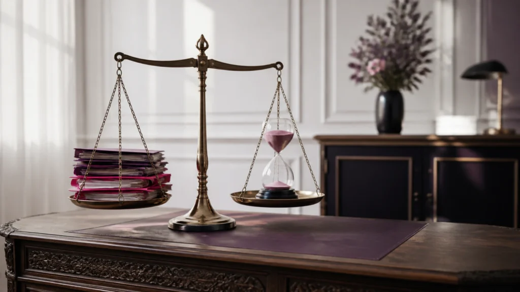 Balance en équilibre entre une pile de dossiers et un sablier sur un bureau haussmannien