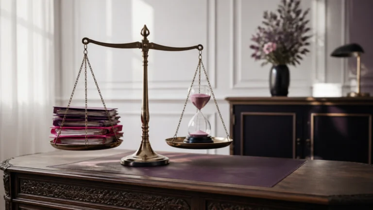 Balance en équilibre entre une pile de dossiers et un sablier sur un bureau haussmannien