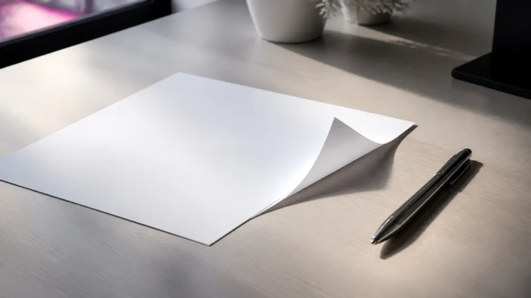 Feuille vierge au coin corné posée sur un bureau clair à côté d'un stylo