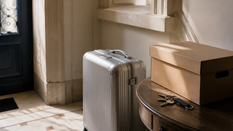 Valise cabine posée près d'une porte d'entrée à côté d'une boîte d'archives fermée