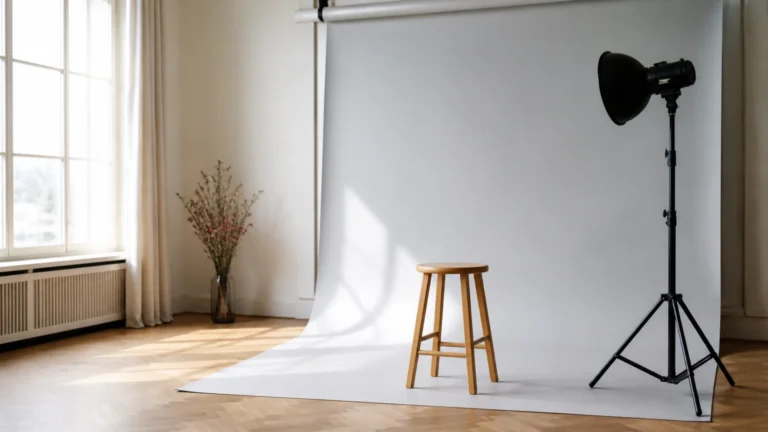 Fond de studio gris déroulé avec un tabouret vide et un flash sur pied