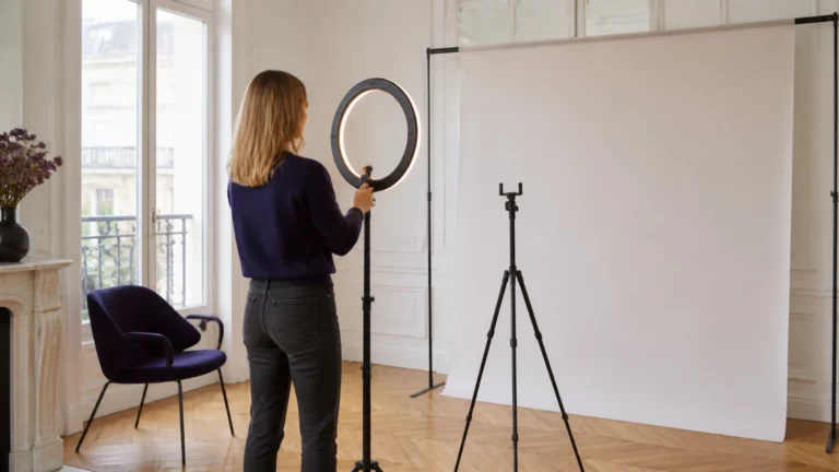 Créatrice vue de dos réglant un anneau lumineux dans un appartement haussmannien