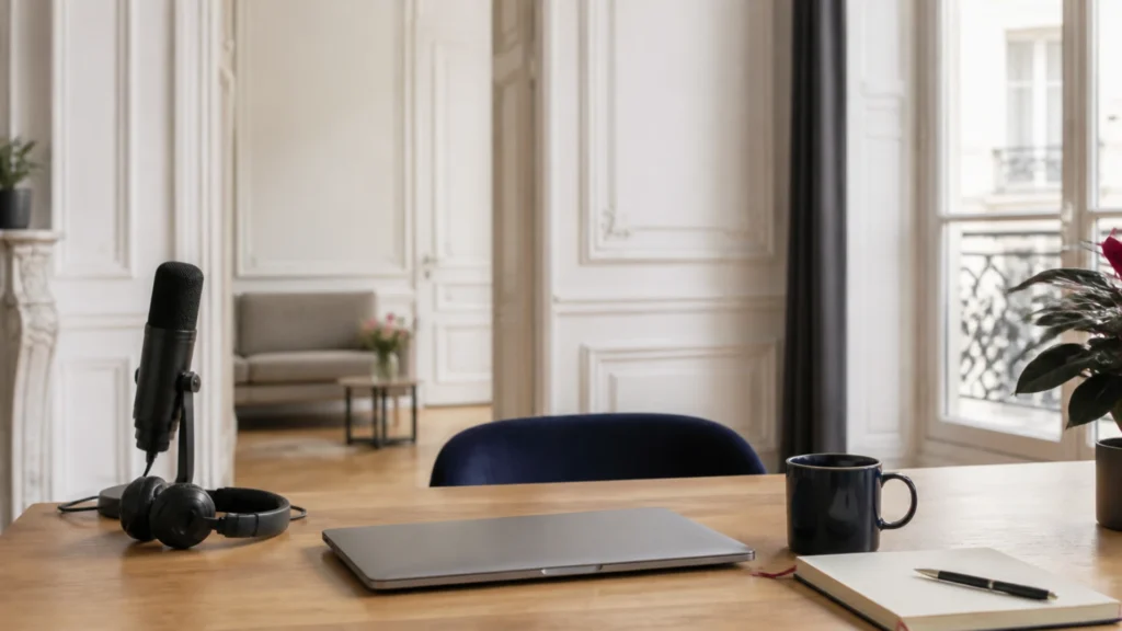 Poste de travail d'infopreneur avec micro et casque dans un appartement haussmannien