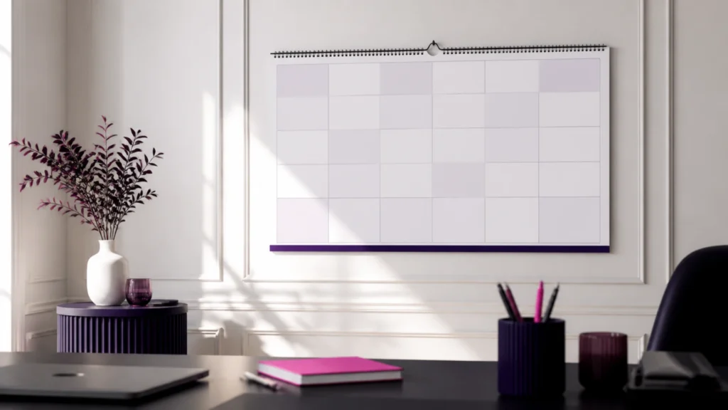 Grille de calendrier annuel vierge dont certaines cases sont plus claires