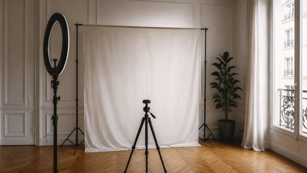 Coin de tournage domestique avec anneau lumineux éteint et fond de tissu uni tendu