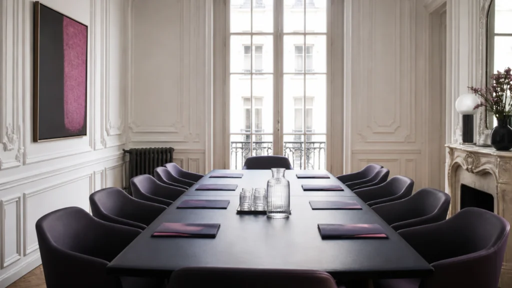 Salle de réunion haussmannienne préparée pour une opération de levée de fonds