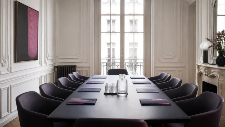 Salle de réunion haussmannienne préparée pour une opération de levée de fonds