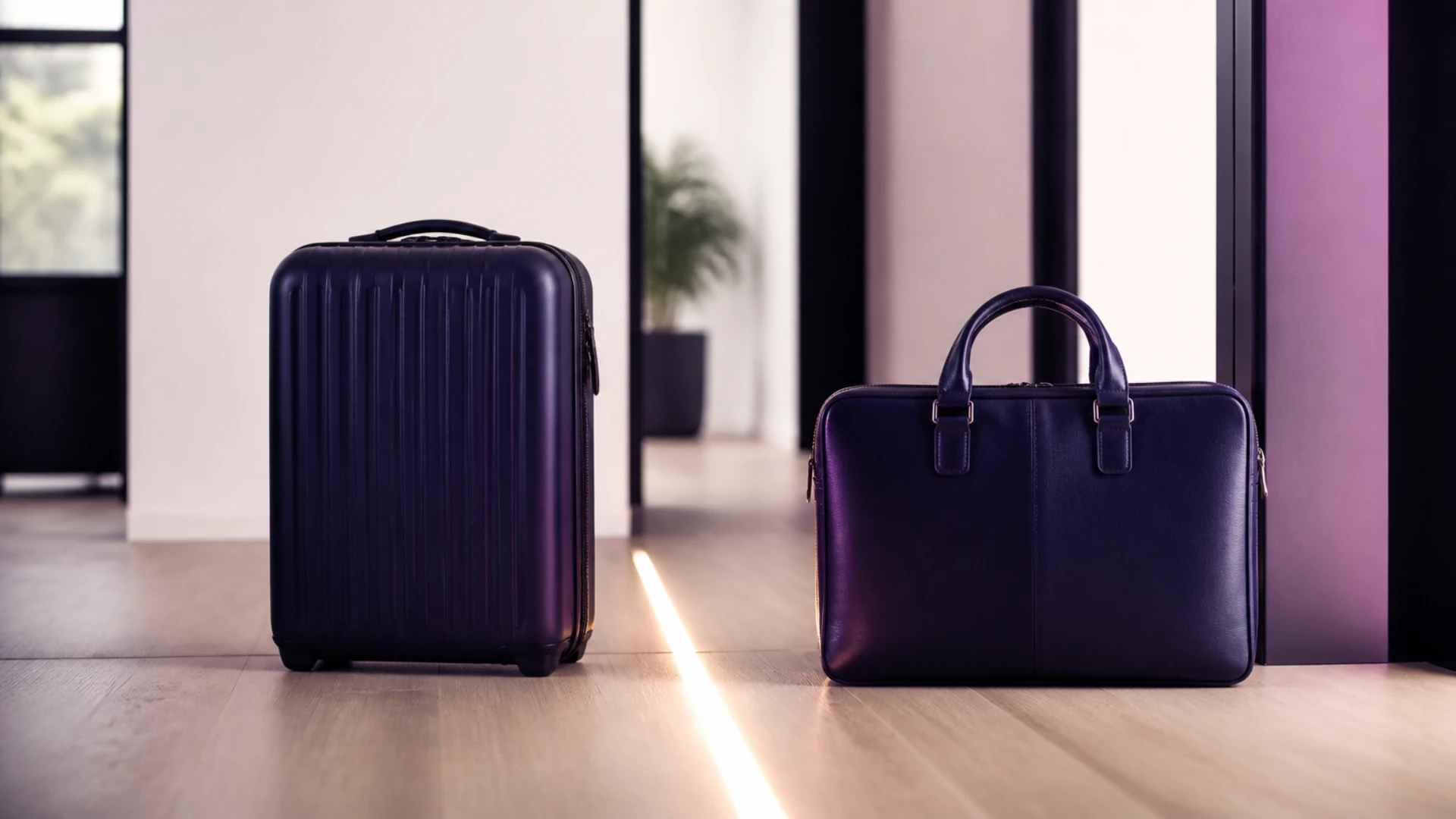 Valise et mallette de travail posées côte à côte, séparées par une ligne de lumière