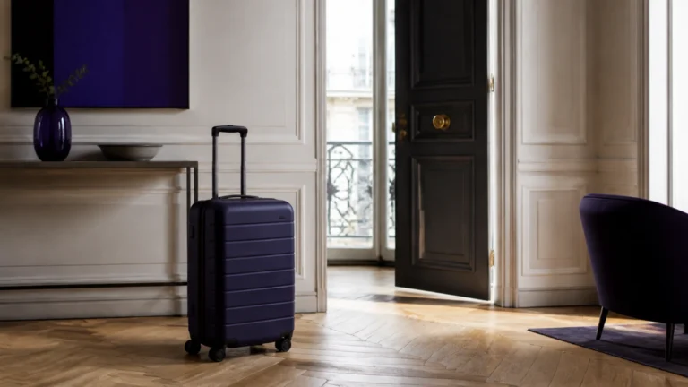Valise de cabine fermée posée dans l'entrée d'un appartement haussmannien