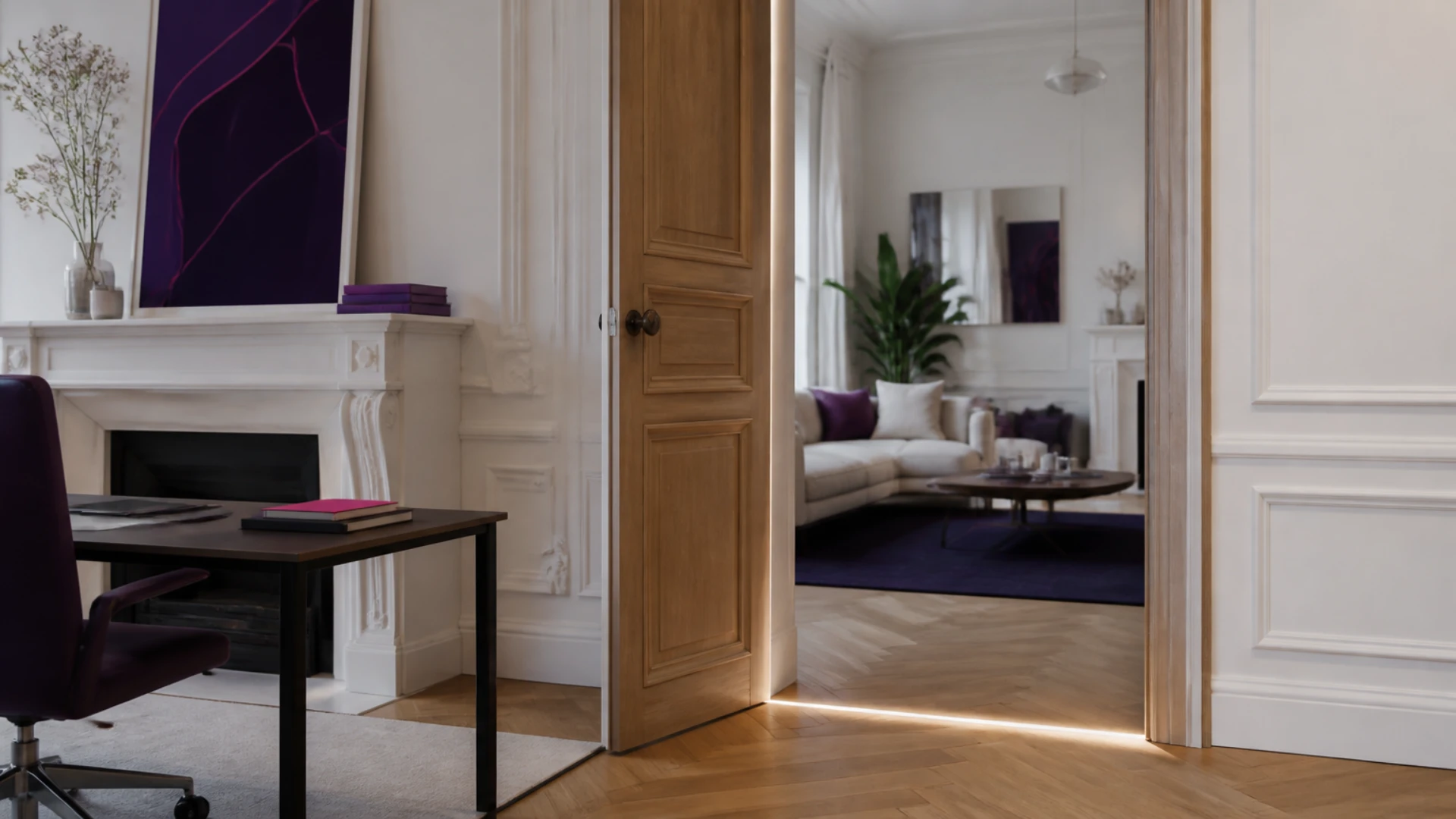 Porte entrouverte séparant un bureau et un séjour dans un appartement haussmannien