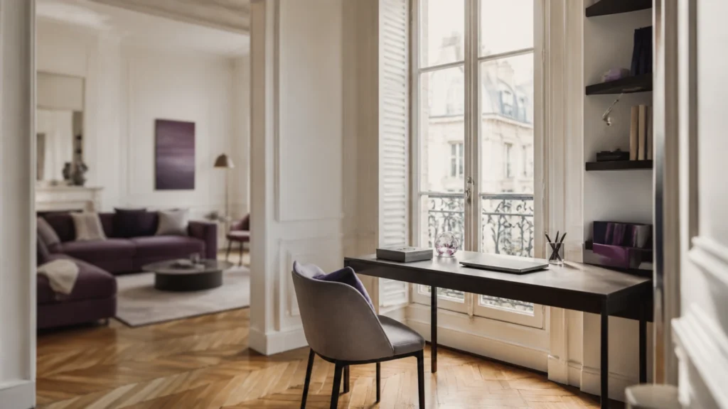 Coin bureau aménagé dans un séjour d'appartement haussmannien devant une fenêtre à petits bois