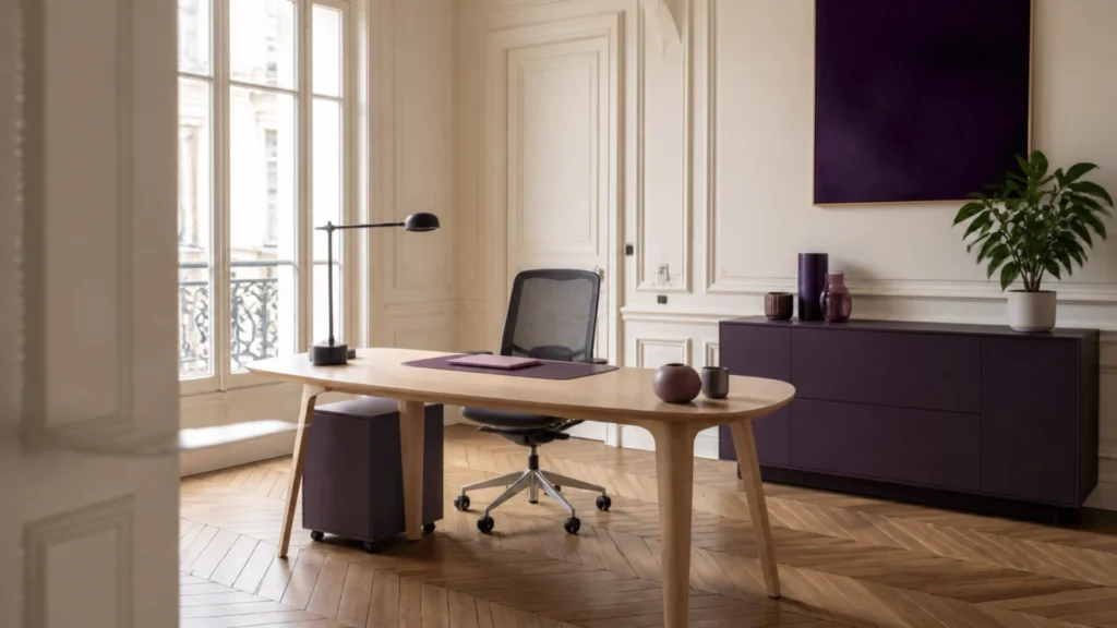 Bureau de télétravail avec table, chaise ergonomique et caisson dans un appartement haussmannien