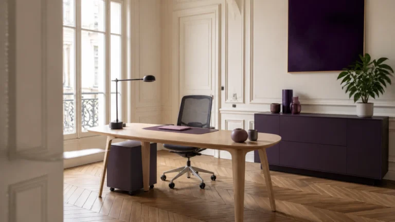 Bureau de télétravail avec table, chaise ergonomique et caisson dans un appartement haussmannien