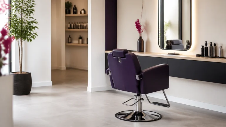 Fauteuil de salon de coiffure vide devant un grand miroir avec outils rangés