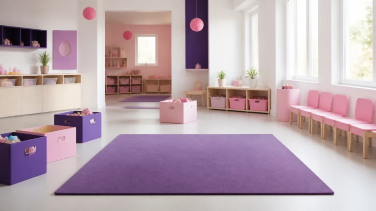 Salle de vie de crèche rangée avec tapis, bacs fermés et petites chaises alignées