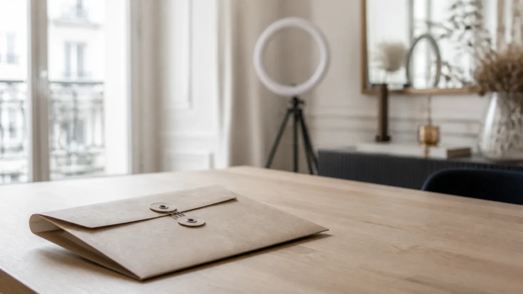 Enveloppe kraft fermée posée sur une table devant un matériel de création flou