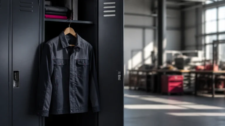 Tenue de travail neutre suspendue devant un vestiaire métallique ouvert