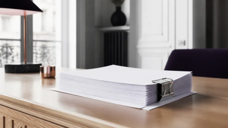 Liasse épaisse de feuilles vierges maintenue par une pince, une feuille dépassant