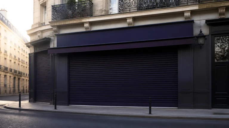 Rideau métallique baissé sur un local commercial d'une rue parisienne haussmannienne