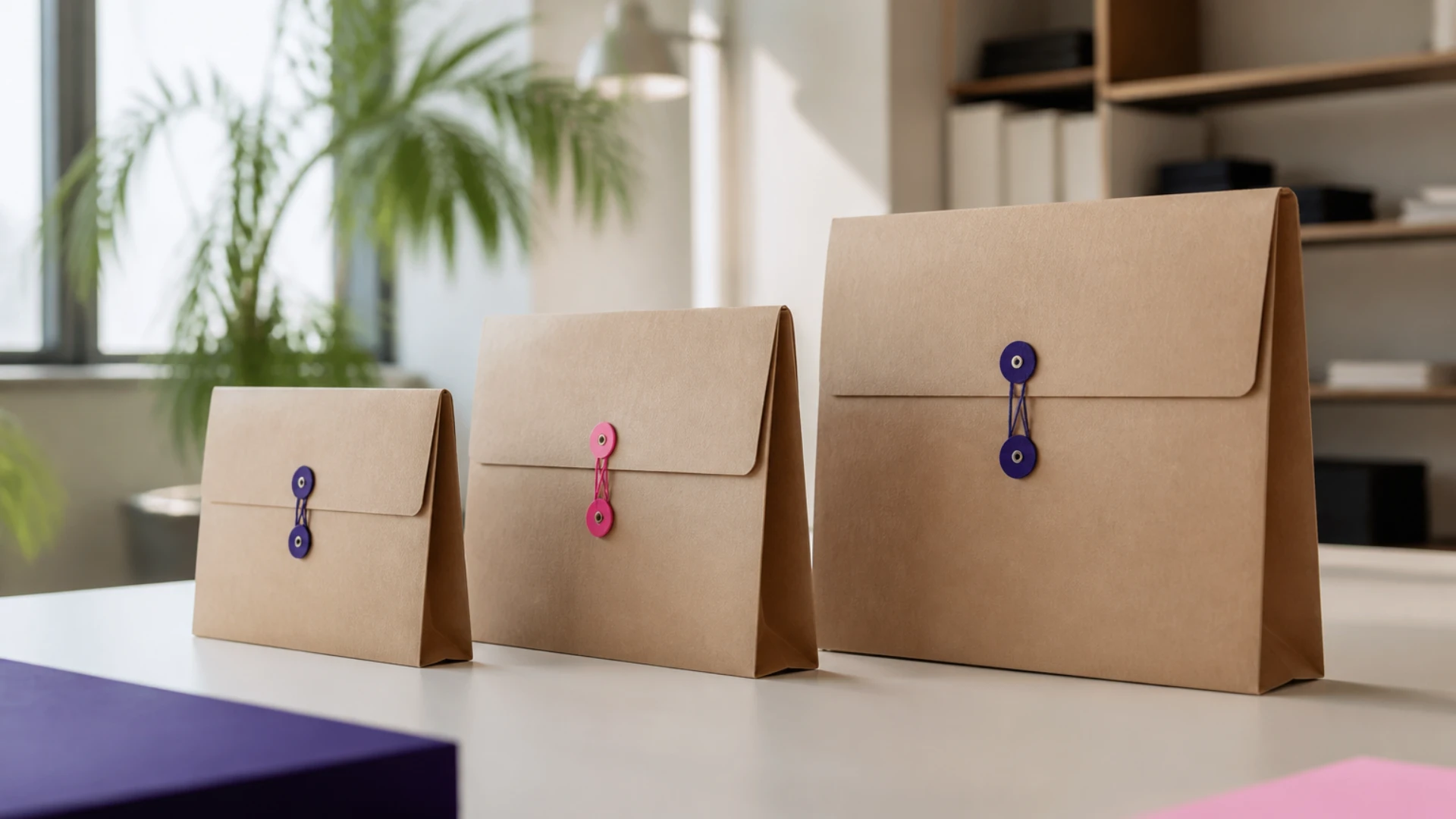 Trois enveloppes de tailles croissantes fermées par des liens de couleurs différentes