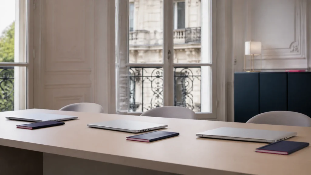 Trois ordinateurs portables fermés alignés sur une table claire dans un bureau haussmannien
