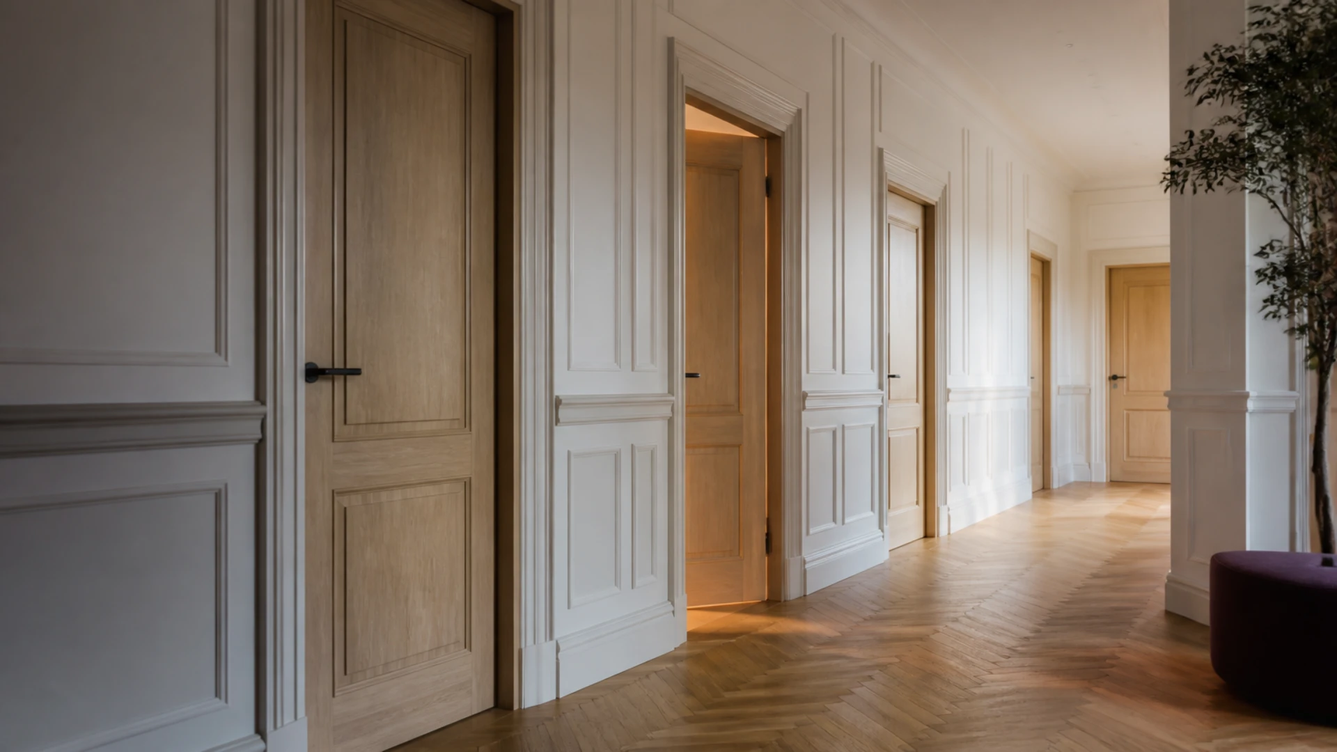 Couloir haussmannien de portes fermées dont une seule est entrouverte