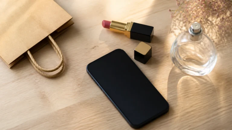 Smartphone écran éteint entouré d'un rouge à lèvres, d'un flacon sans étiquette et d'un sac kraft