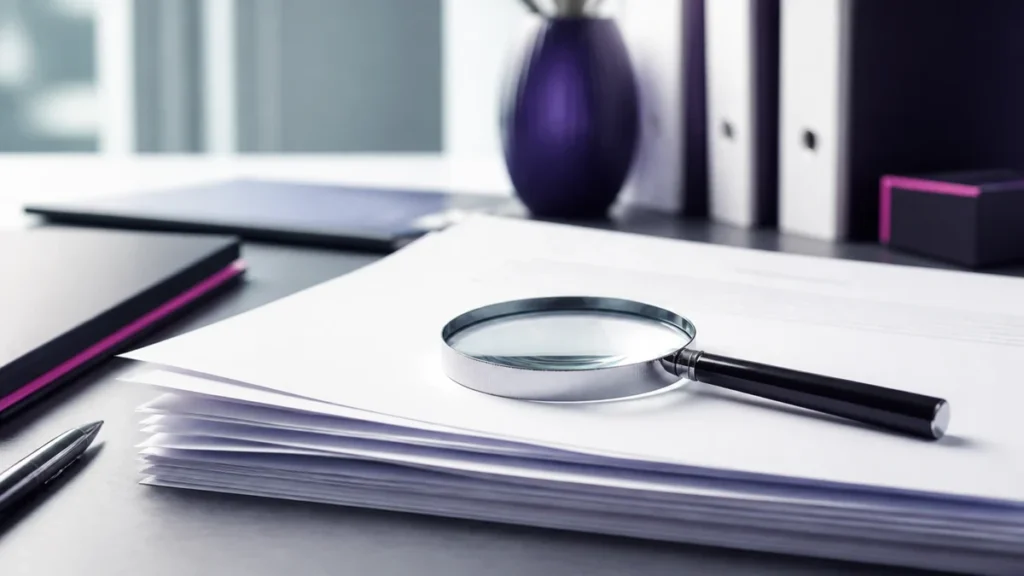 Loupe posée sur une pile de feuilles blanches à côté d'un carnet et de classeurs