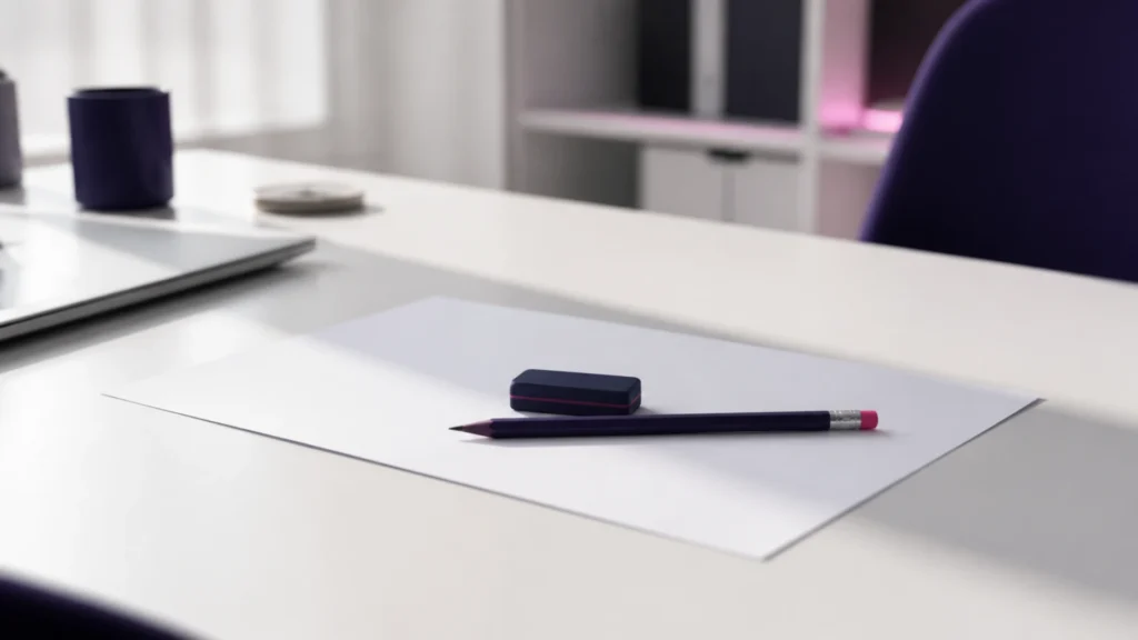 Gomme et crayon posés sur une feuille vierge au centre d'un bureau clair