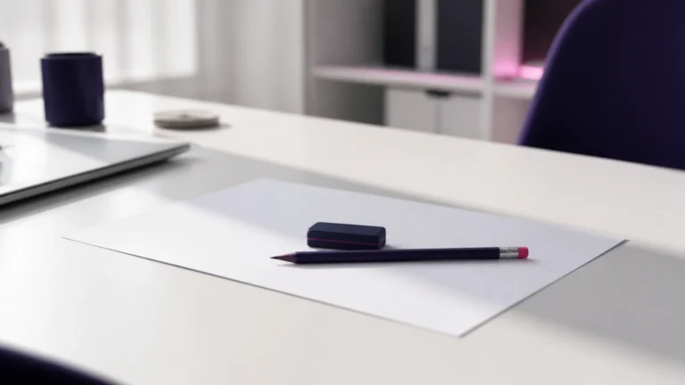 Gomme et crayon posés sur une feuille vierge au centre d'un bureau clair