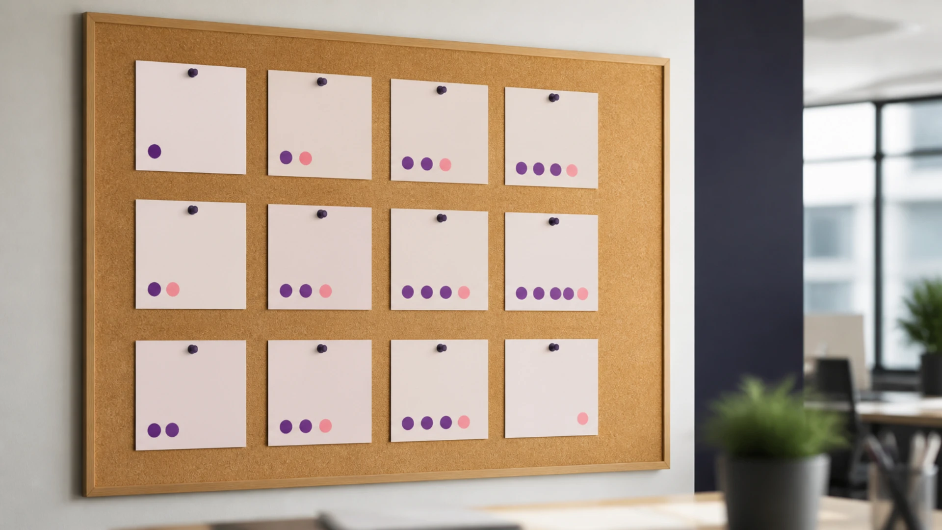 Douze carrés de papier disposés en grille portant chacun un nombre différent de jetons