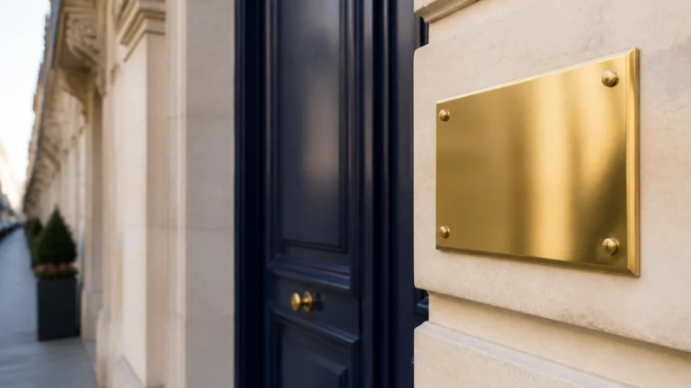 Plaque de laiton vierge fixée près d'une porte cochère d'immeuble haussmannien