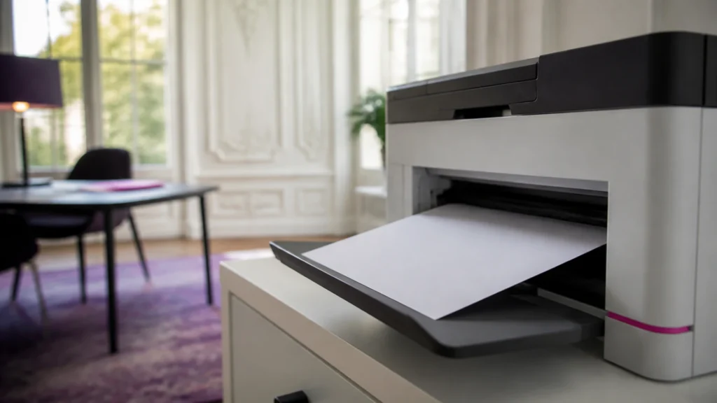 Feuille vierge sortant du bac d'une imprimante de bureau dans un bureau clair