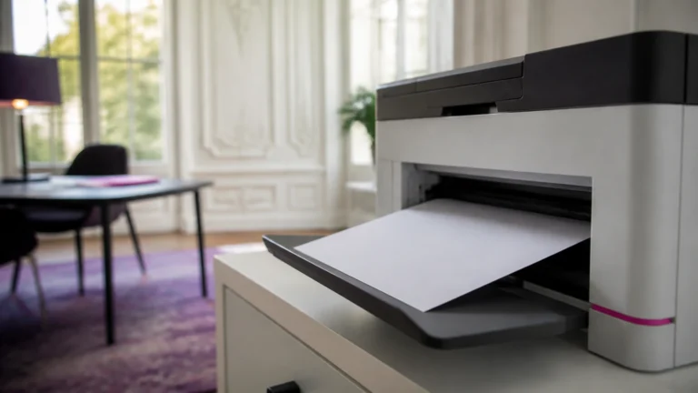 Feuille vierge sortant du bac d'une imprimante de bureau dans un bureau clair