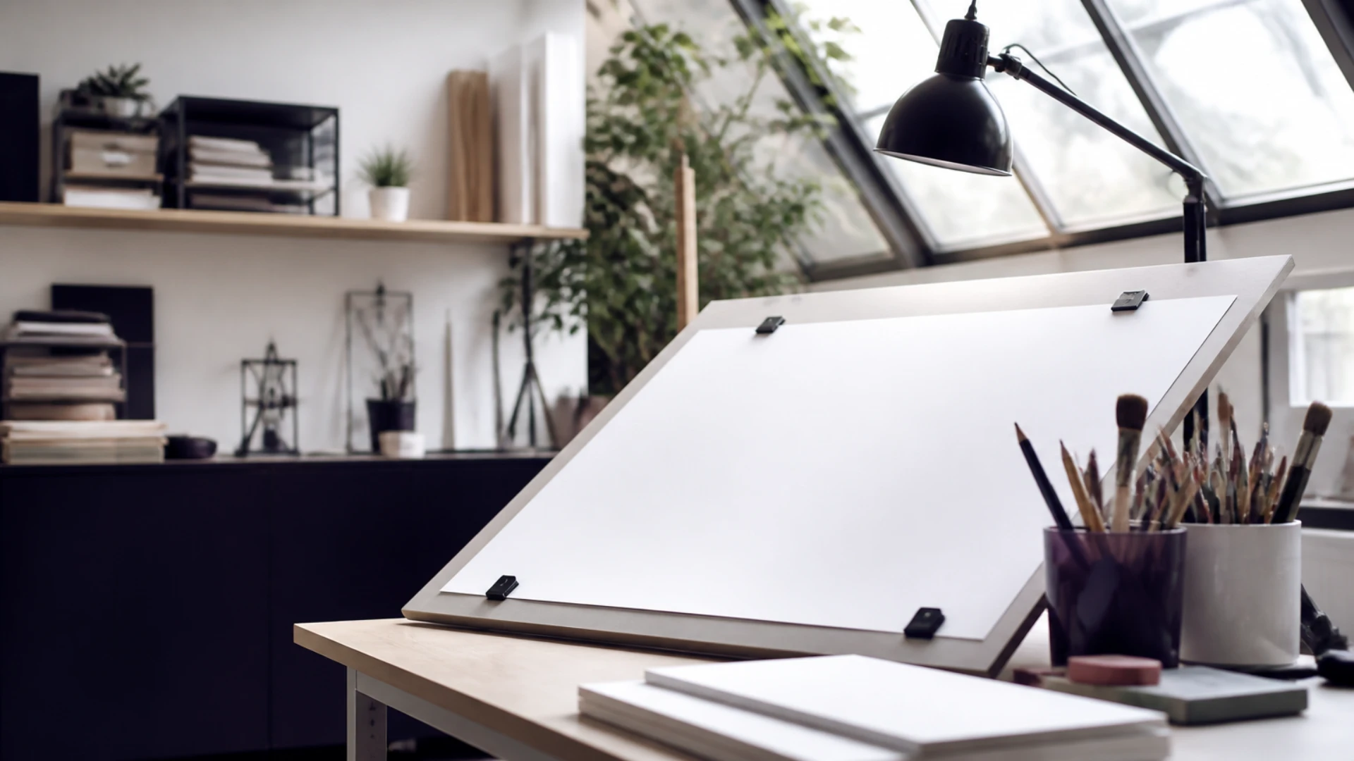 Atelier d’illustrateur avec table à dessin inclinée, feuille vierge et outils rangés