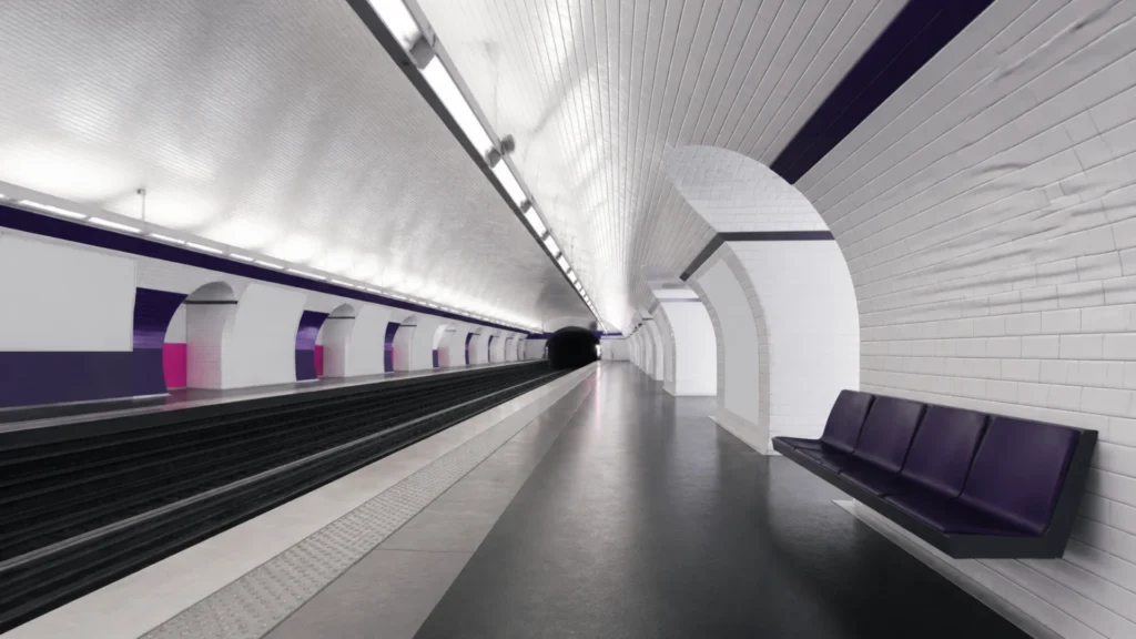 Quai de métro parisien désert au petit matin avec banc vide et carrelage en voûte