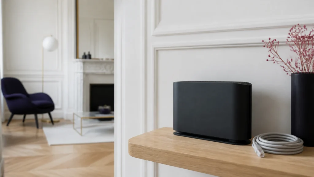 Routeur internet posé sur une étagère de bois dans un appartement haussmannien