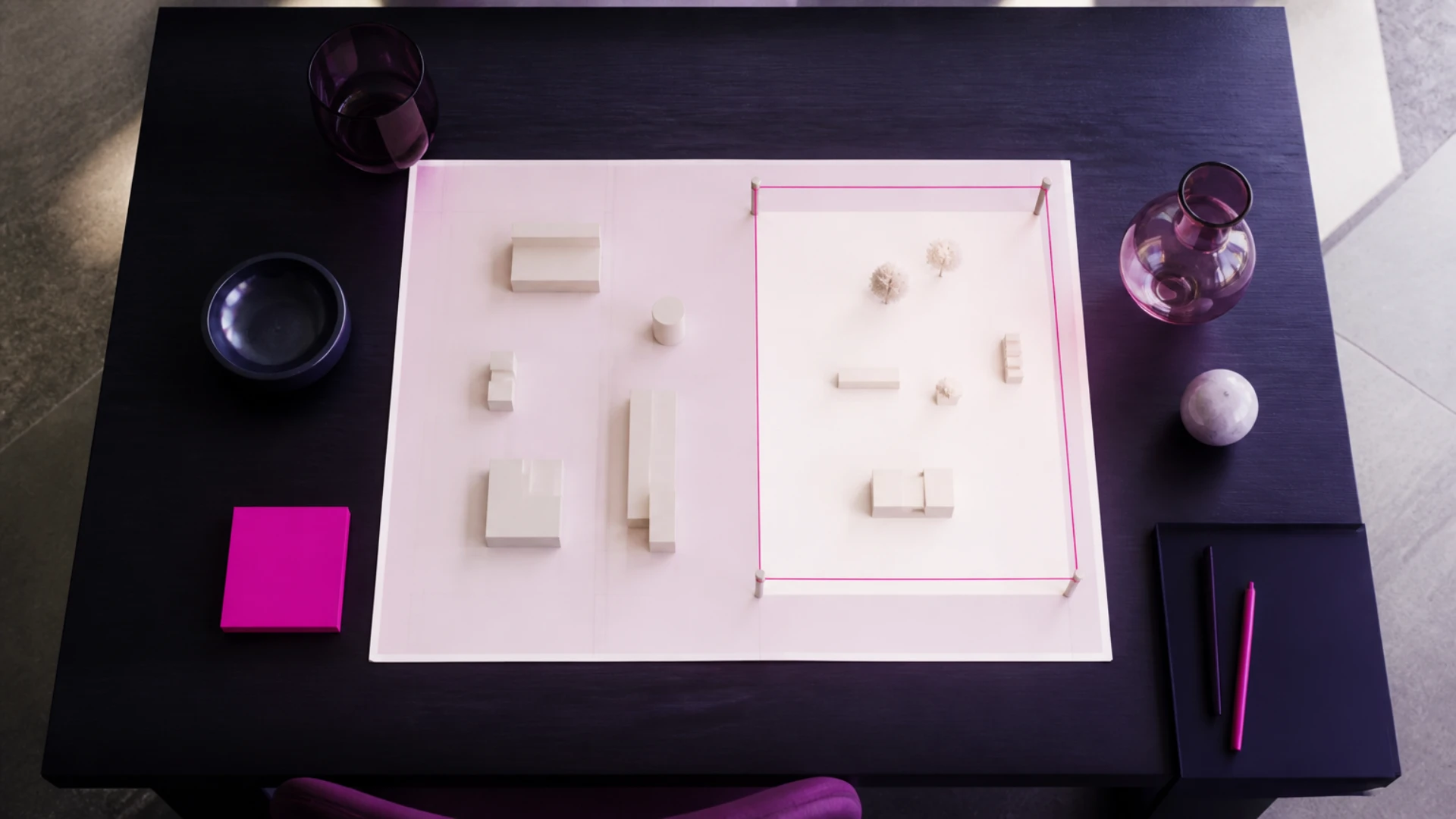Rectangle de papier figurant un plan au sol dont une portion est délimitée par un cordon