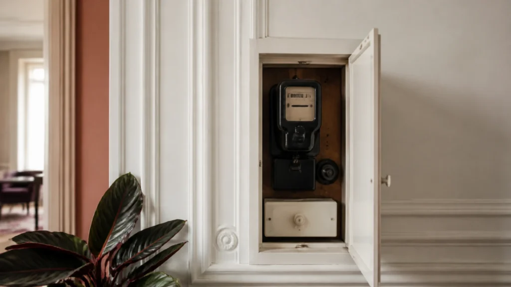 Compteur électrique dans un placard mural entrouvert d'un appartement haussmannien