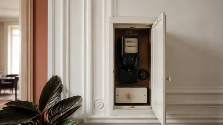 Compteur électrique dans un placard mural entrouvert d'un appartement haussmannien