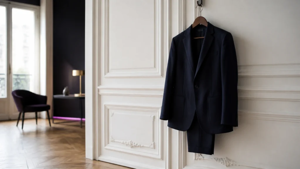 Costume sombre suspendu à un cintre devant un mur à moulures haussmanniennes