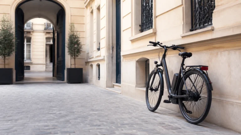 Vélo à assistance électrique appuyé contre un mur dans une cour pavée haussmannienne