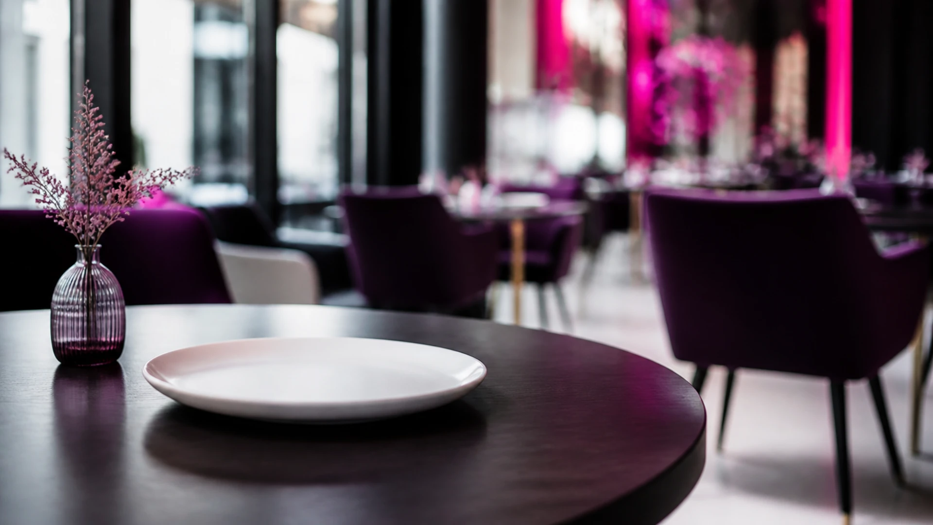 Assiette vide sur une table de restaurant avec une chaise vide écartée en face