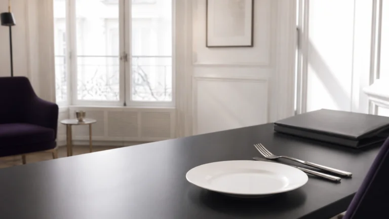Assiette vide et couverts posés sur un coin de plan de travail à côté d'un dossier fermé
