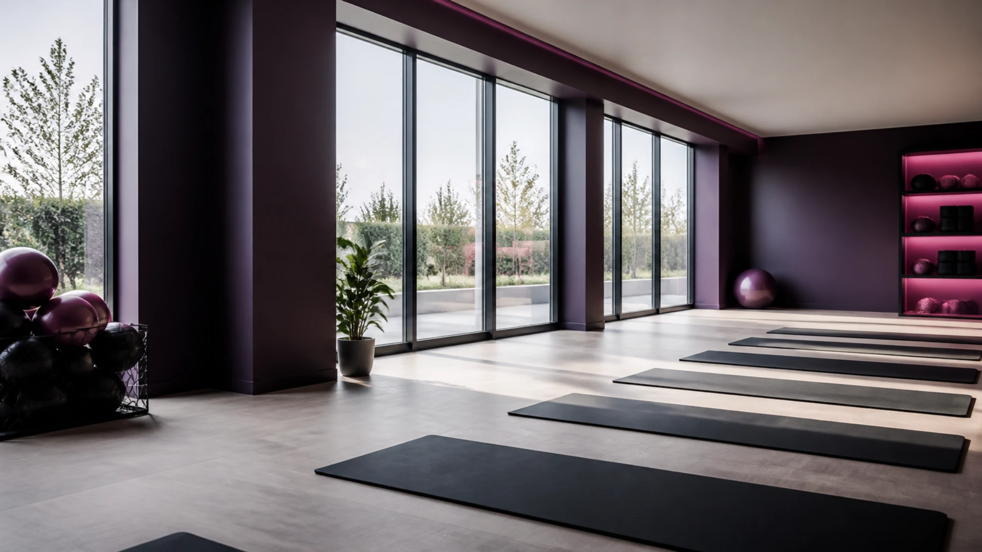 Salle de sport vide avec tapis alignés et ballons rangés dans un filet