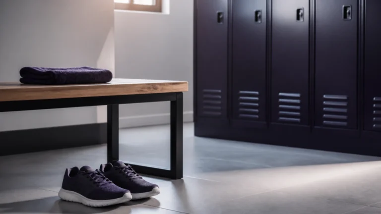 Chaussures de sport et serviette pliée au pied d'un banc de vestiaire en bois