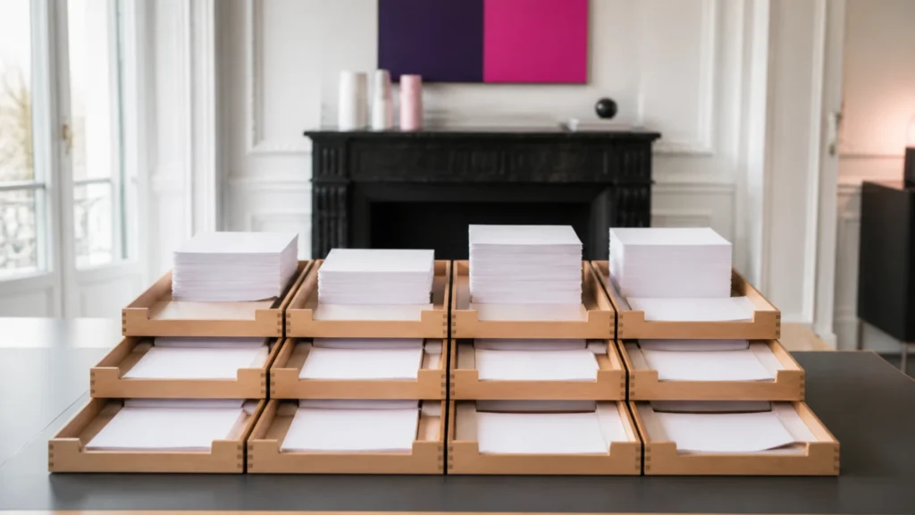 Douze bacs alignés en trois rangées contenant des piles de feuilles de hauteurs différentes