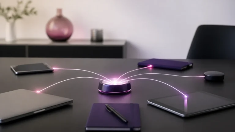 Boîtier lumineux violet relié par de fins filets de lumière à des tablettes sur une table sombre