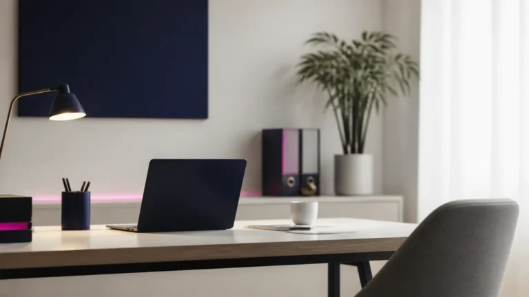 Bureau épuré avec ordinateur portable fermé, lampe allumée et classeurs devant un mur clair