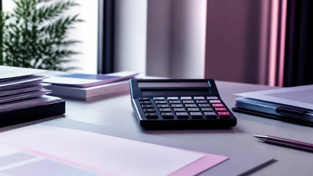 Calculatrice de bureau posée près de feuilles vierges et d'un stylo, en lumière violette tamisée